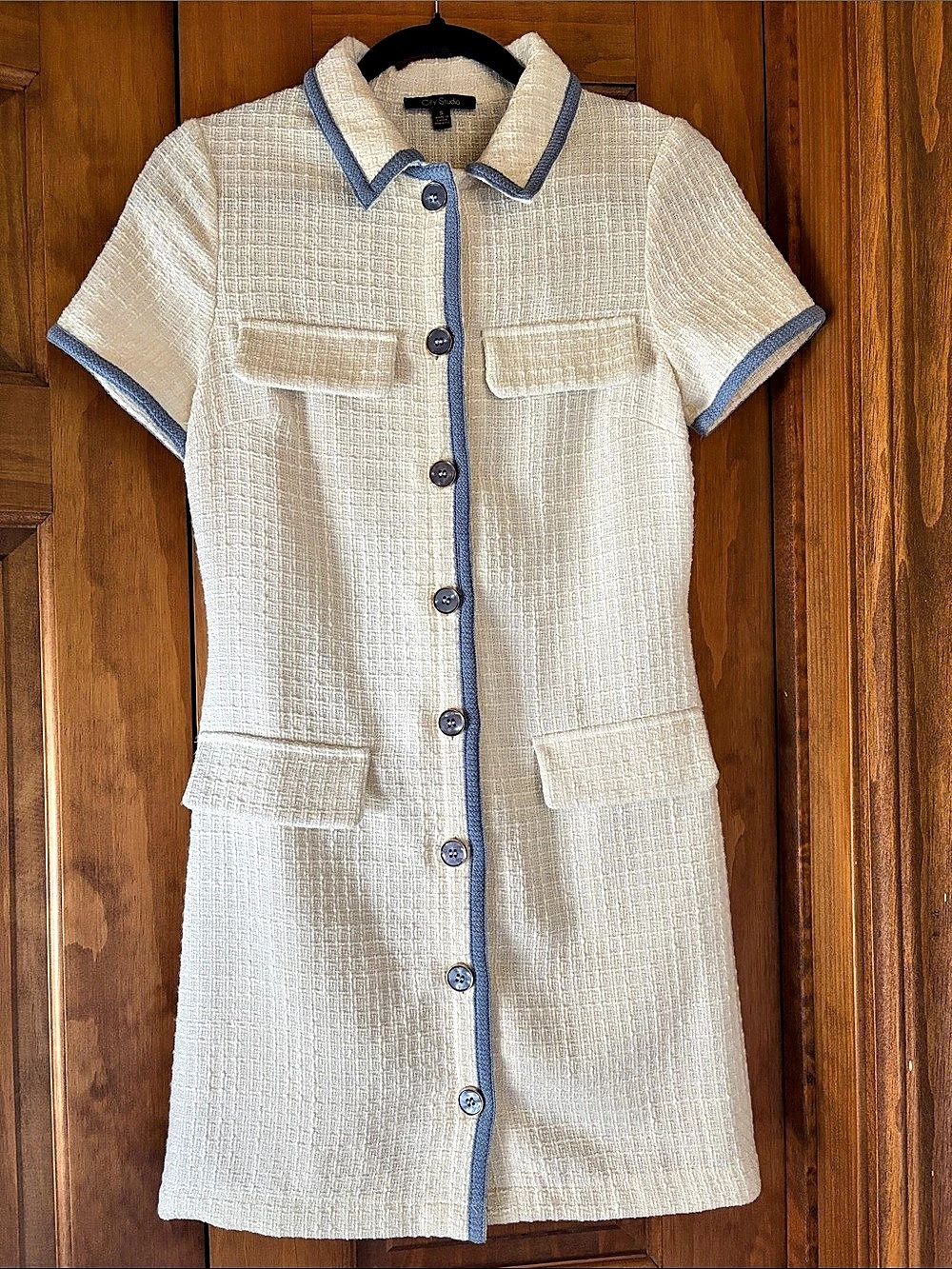 Women's Collared Mini Dress in Cream & Blue - Small